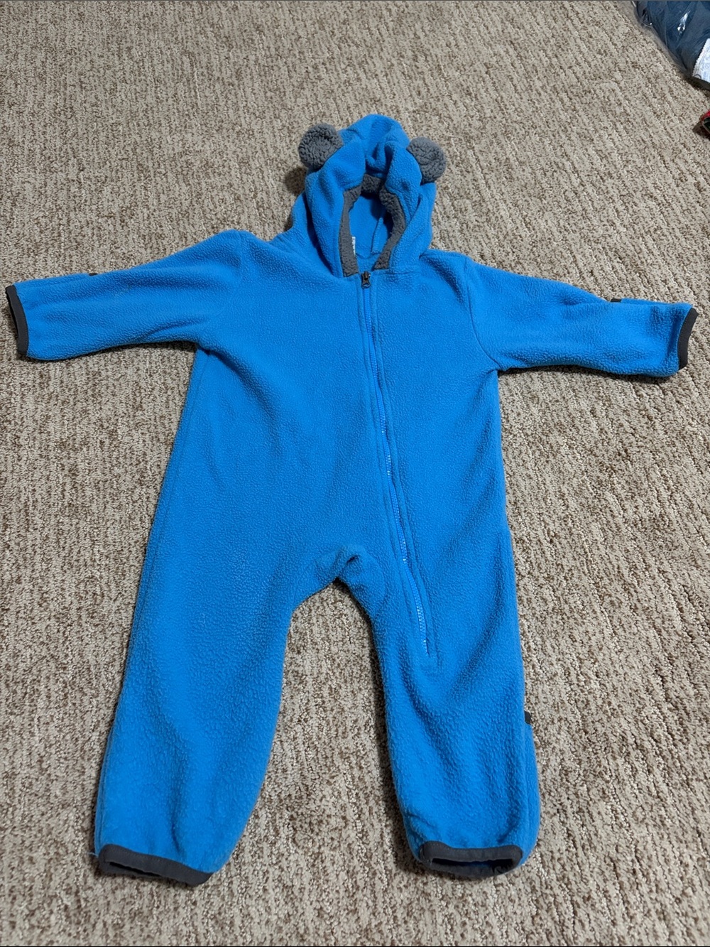 Cozy Blue Fleece Hooded Baby One-Piece with Ear Detail